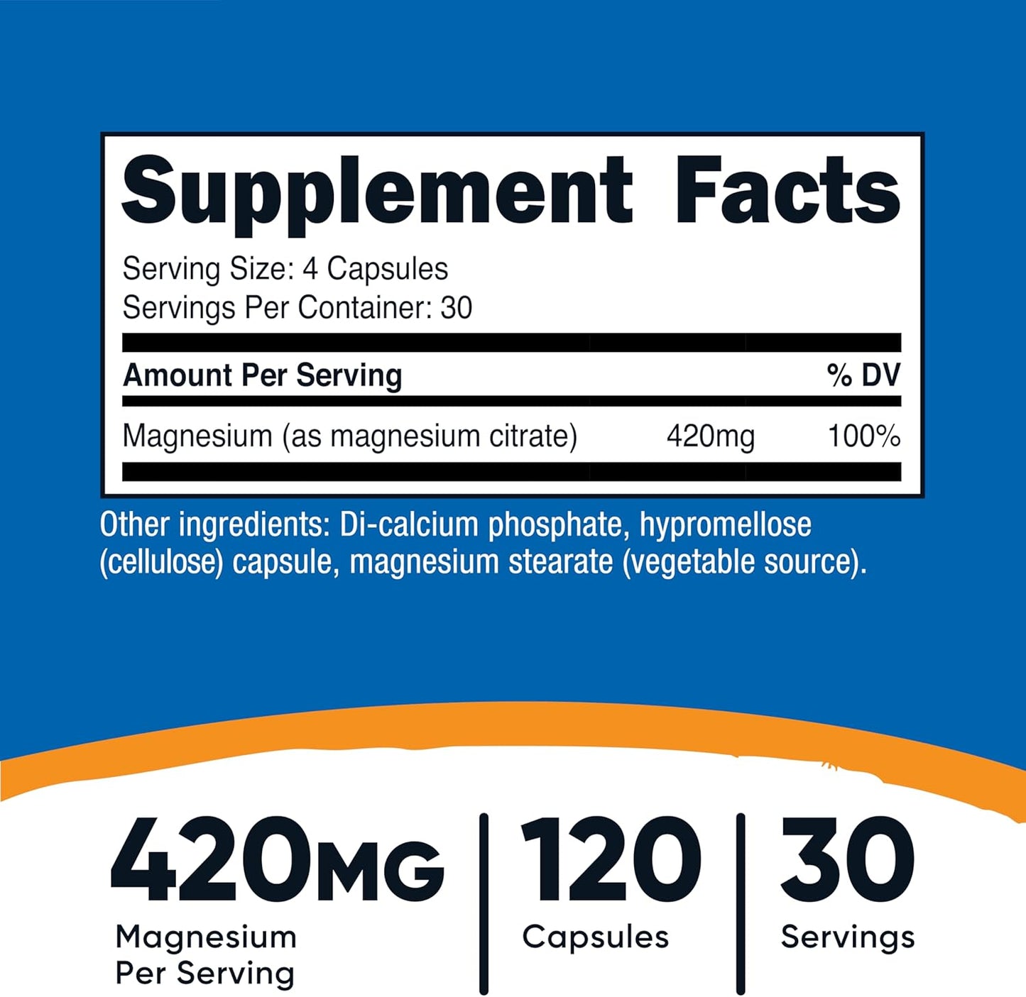 Magnesium Citrate 420Mg, 120 Veggie Capsules - 30 Servings, Gluten Free, Non-Gmo Supplement