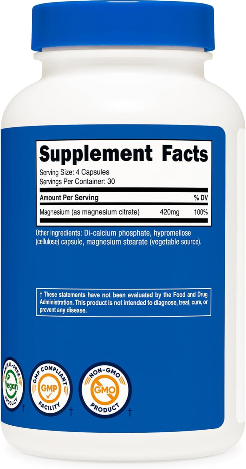 Magnesium Citrate 420Mg, 120 Veggie Capsules - 30 Servings, Gluten Free, Non-Gmo Supplement